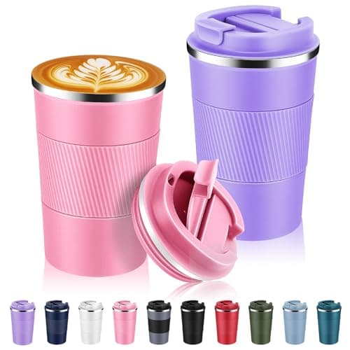 Volhoply 13 oz Stainless Steel Insulated Travel Coffee Mug with Fip Lid Bulk 2 Pack,Reusable Double Wall Vacuum Metal Coffee Cup,Portable Leak Proof Thermal Tumbler for Hot & Cold Drinks(Mix,2)