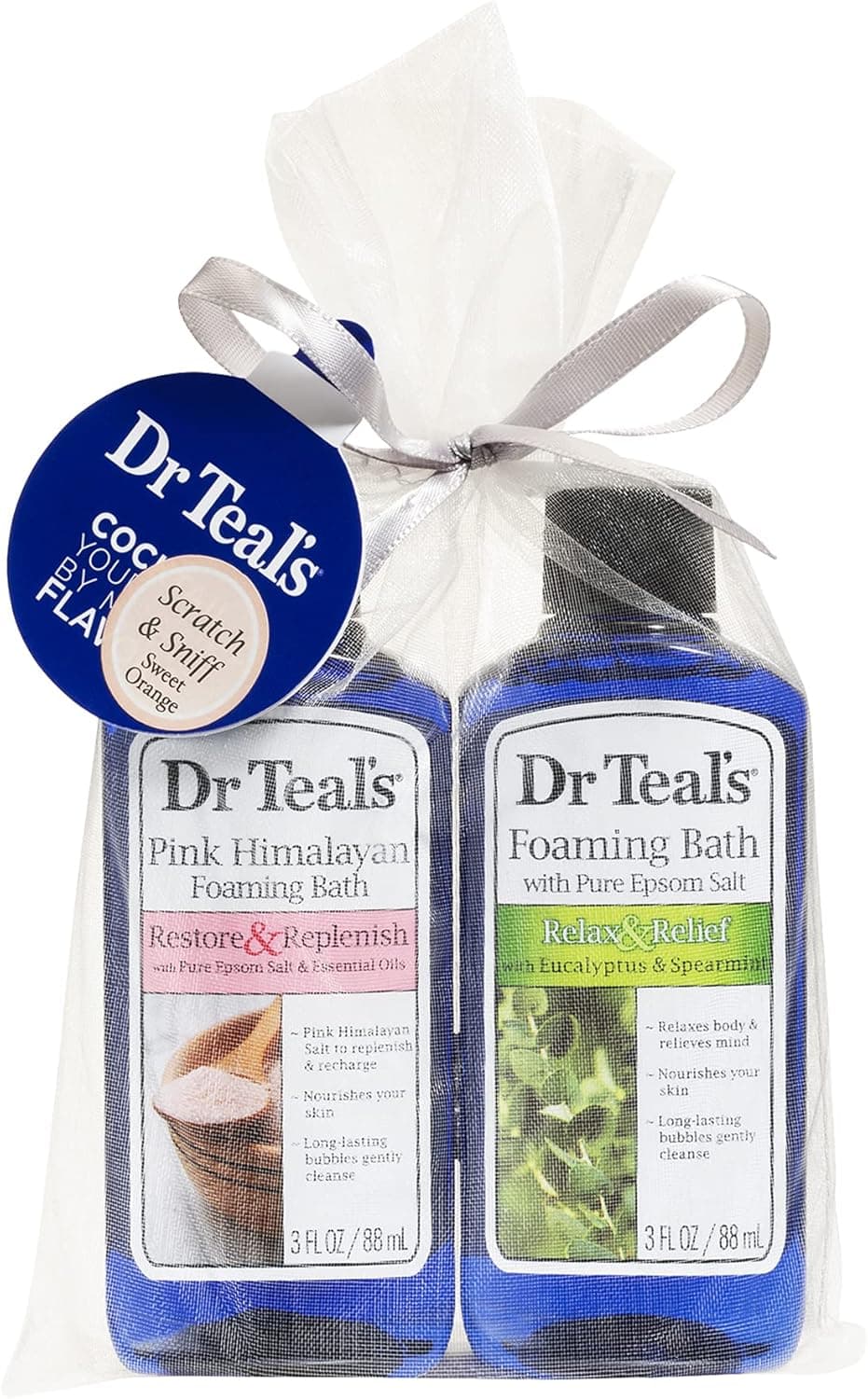 Dr Teals Foaming Bath Holiday Gift Combo Pack 6 fl oz Total Restore Replenish with Pink Himalayan Salt and Relax Relief with Eucalyptus and Spearmint Treat Your Skin Senses and Stress