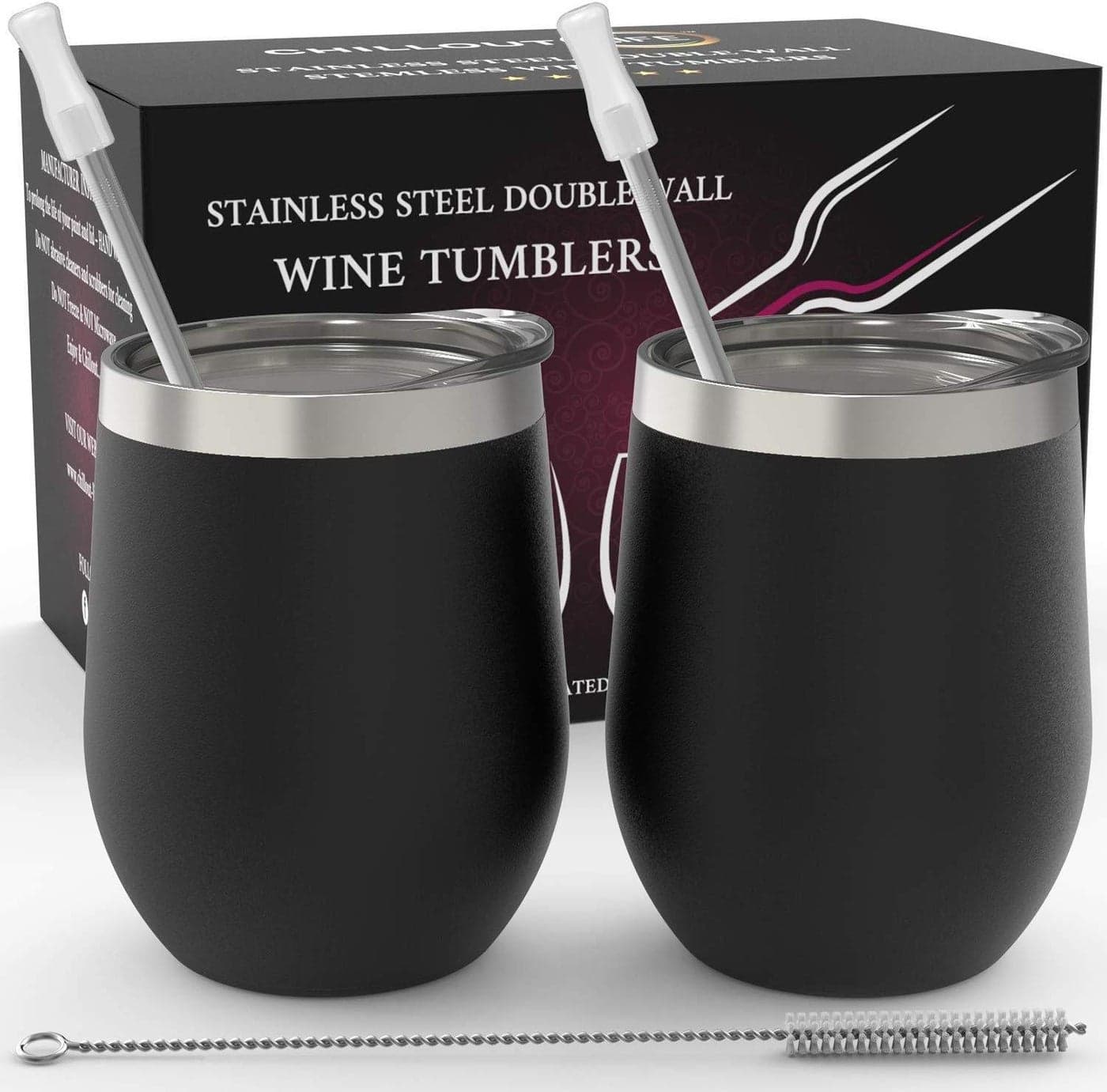 CHILLOUT LIFE Stainless Steel Wine Tumblers 2 Pack 12 oz Double Wall Vacuum Insulated Wine Cups with Lids and Straws Set for Coffee Wine Cocktails Black