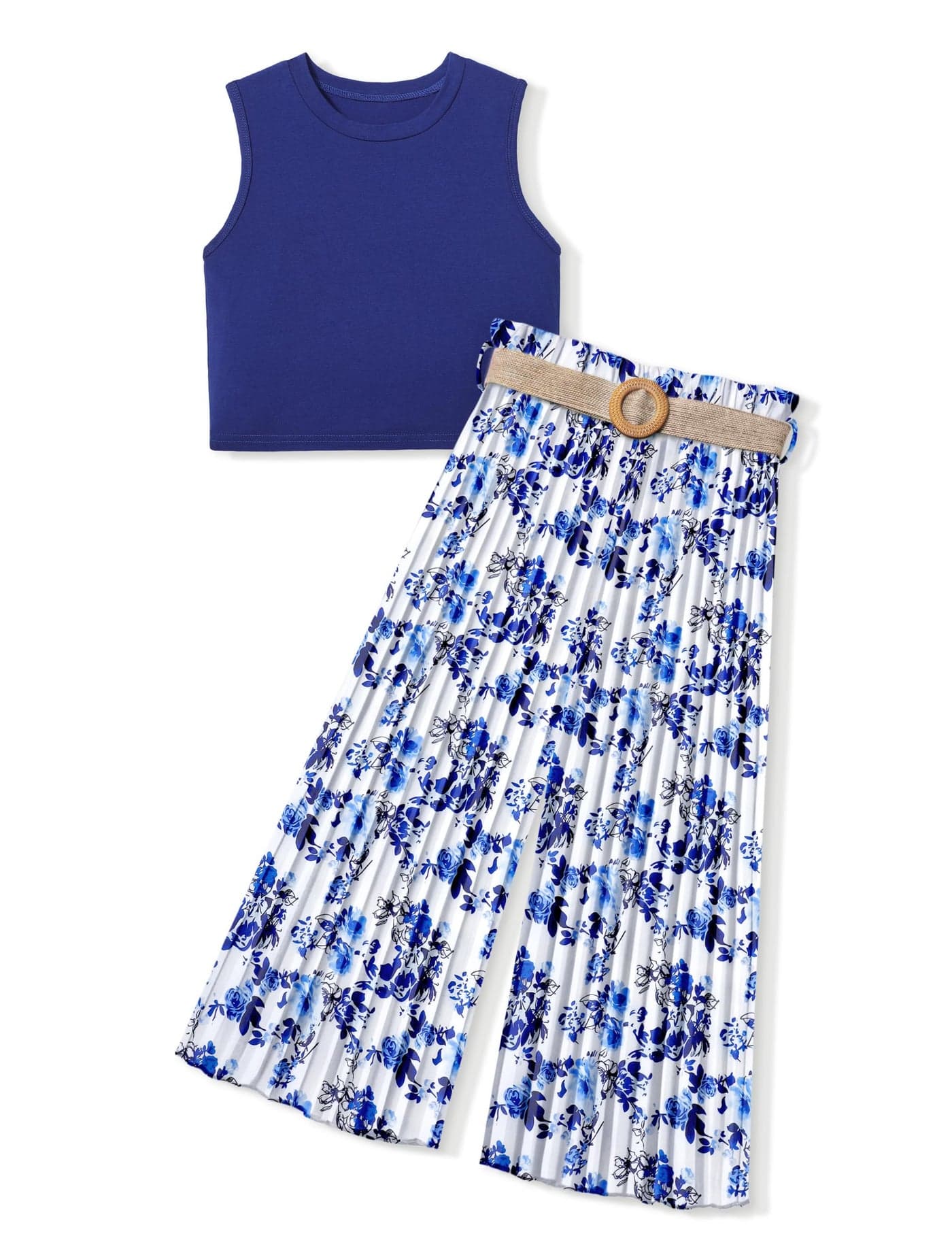 BAVADER Girls Clothes 910Y Kids Clothes Girls Rib Crop Tank Tops Pleated Wide Leg Pants Clothes for Girl 910 Girls 2 Piece Summer Outfits Blue