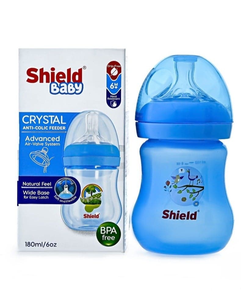 Shield Crystal Anti Colic Feeder Blue 180ml Baby Feeding Bottle 6 Plus Months Drip Free BPA Free Feeding Bottle