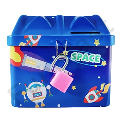 FunBlast Piggy Bank for Kids – Space Themed Money Saving Tin Coin Box with Lock and Key – Birthday Return for Boys & Girls, Money Bank, Coin Box for Kids (Blue)
