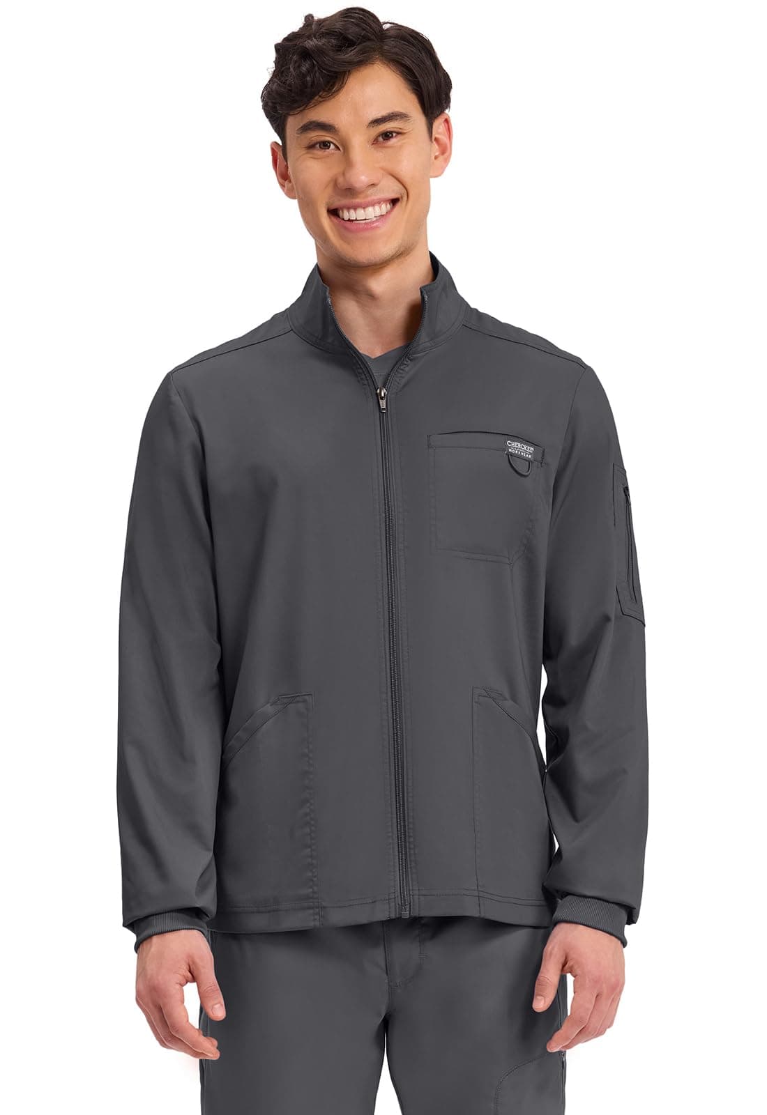 Cherokee Scrub Jacket Men's Zip Front Jacket with 5 Pockets, Bungee Loop, Rib-Knit Cuffs, Soft 2-Way Stretch Fabric - WW320, L, Pewter