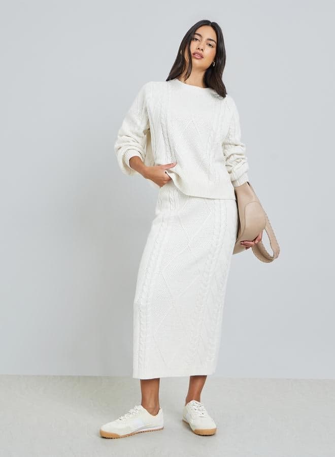 Off-White Cable Knit Sweater And Skirt Co-Ords
