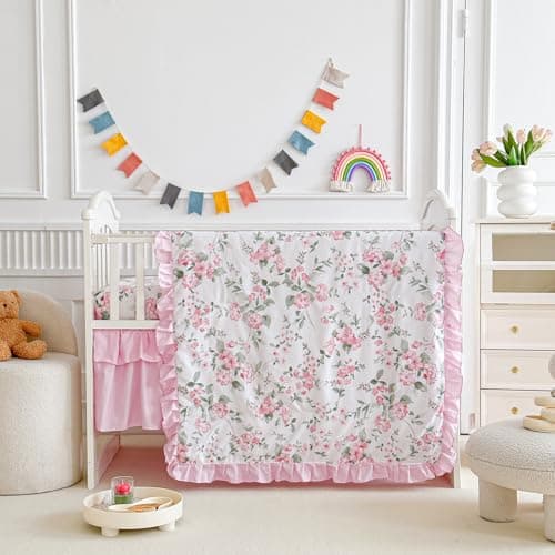 3 Pieces Pink Rose Flowers Crib Bedding Set Baby Ruffled Quilted Comforter with Fitted Sheet and Bed Skirt - Cute Ruffled Shabby Chic Baby Girls Bedding Soft Blanket Floral Design