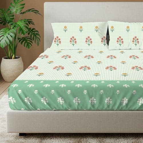 Urban Space 144 TC Divine 100% Cotton Bedsheet for King Bed, Cotton Bedsheet with 2 Pillow Covers (Size 108 x 108 inches, Magnolia sage Green, King Size)