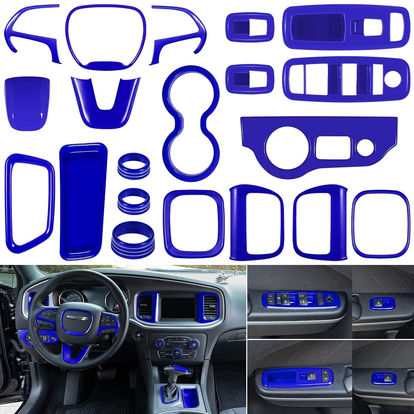 LAIKOU 20PCS Full Set Interior Accessories Trim Kit fit for Dodge Charger 20152024 Headlight Window Lift Control Switches Gear Shift Cup Holder Air Conditioning Vent Outlets Covers Blue