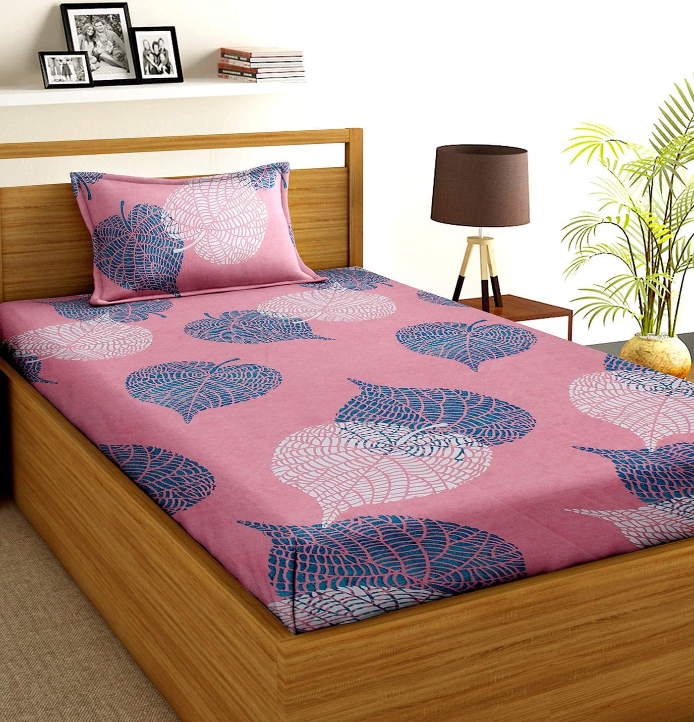 BSB HOME Microfiber Glace Cotton Light Pink and Green Flower Printed Single/Diwan Size Bed Bedsheet 180 TC with 1 Pillow Cover-(Pillow Cover 17x27 Inches)