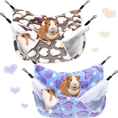 BOAO 2 Pcs Guinea Pig Rat Hammock Guinea Pig Hamster Ferret Hanging Hammock Accessories for Small Animals Chinchilla Parrot Sugar Glider Ferret Squirrel (Purple, Coffee Color, Heart Pattern)