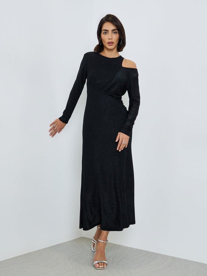 Black Cut-Out Detail Shimmer Look Blue Maxi Dress