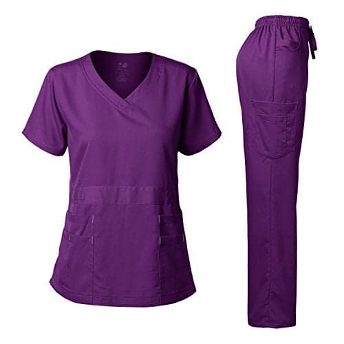 Dagacci Medical Uniform Women's Scrubs Set Stretch Ultra Soft V-Neck Top and Pants Egg Plant XL