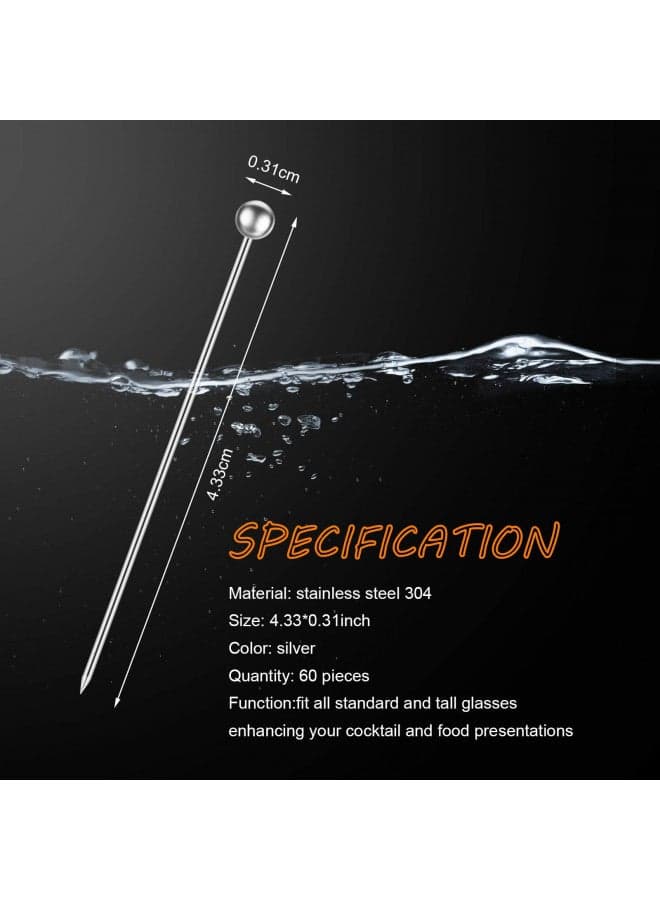 60 Pieces Cocktail Picks Stainless Steel Cocktail Skewers Set Reusable Metal Martini Picks 4.3 Inches Sandwich Appetizer Toothpicks for Party Home Bar