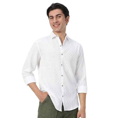 Urbano Fashion Men's White Cotton Full Sleeve Regular Fit Textured Shirt with Spread Collar (shirtsmocregfs-06-white-m)