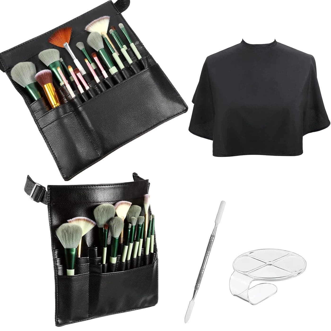 4 Pieces Makeup Artist Tools Include Professional Cosmetic Makeup Brush Bag with Artist Belt Strap, Hand Makeup Mixing Tray Clear Cosmetic Foundation Tray with Spatula, Salon Barber Makeup Cape Apron