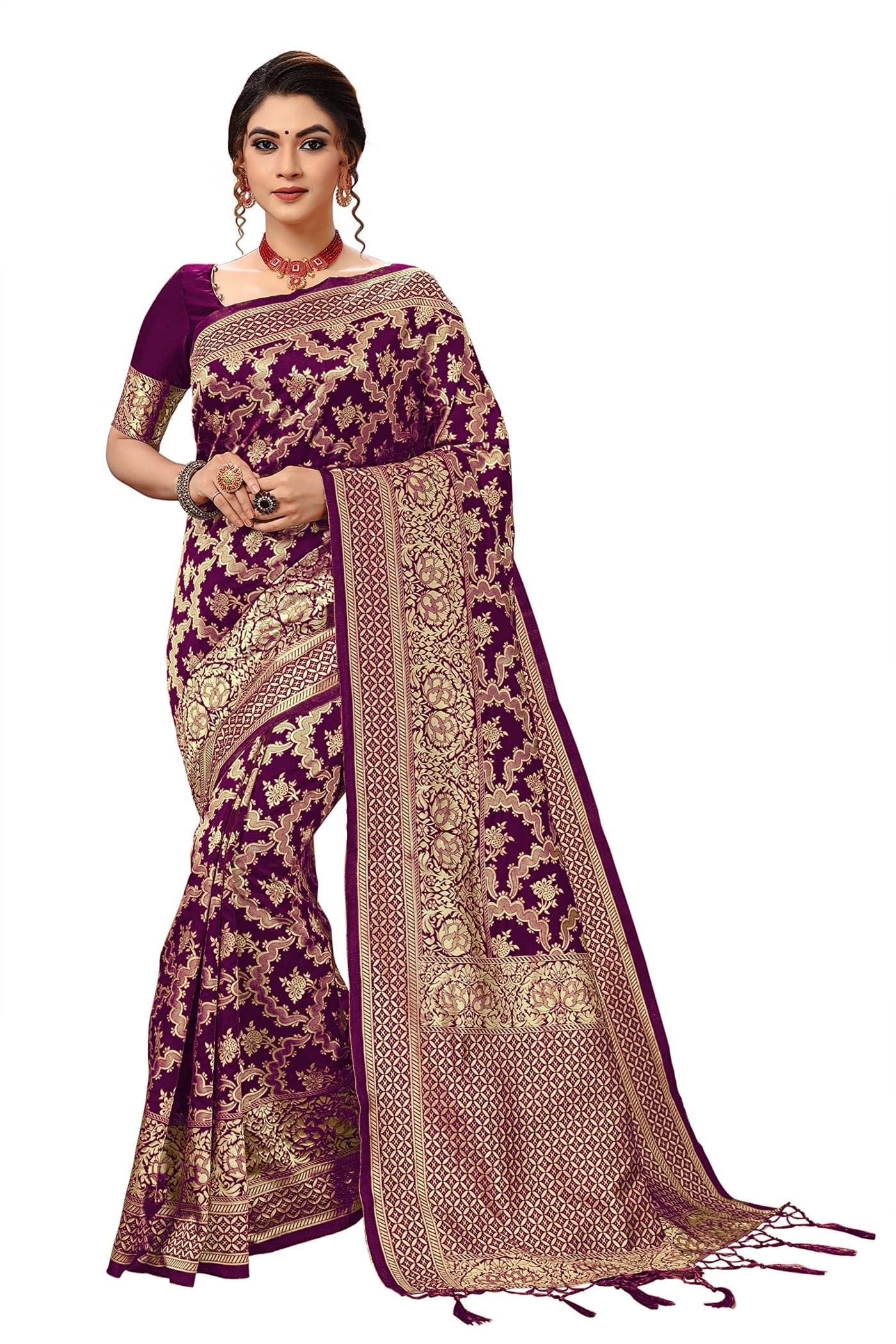 TRENDMALLS Women's Banarasi Silk Saree with Blouse Piece with Unstitch Blouse Piece (S13-Purple)