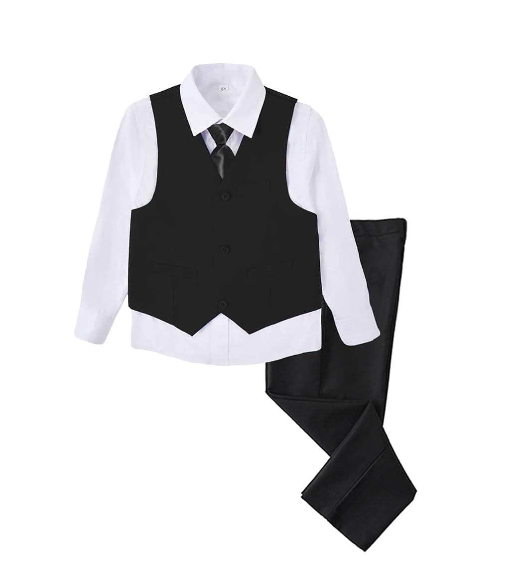 Boys 4 Pieces Black Suits Slim Fit Outfits Vest Sets Formal Dresswear for Boy Suit with Tie Size 6