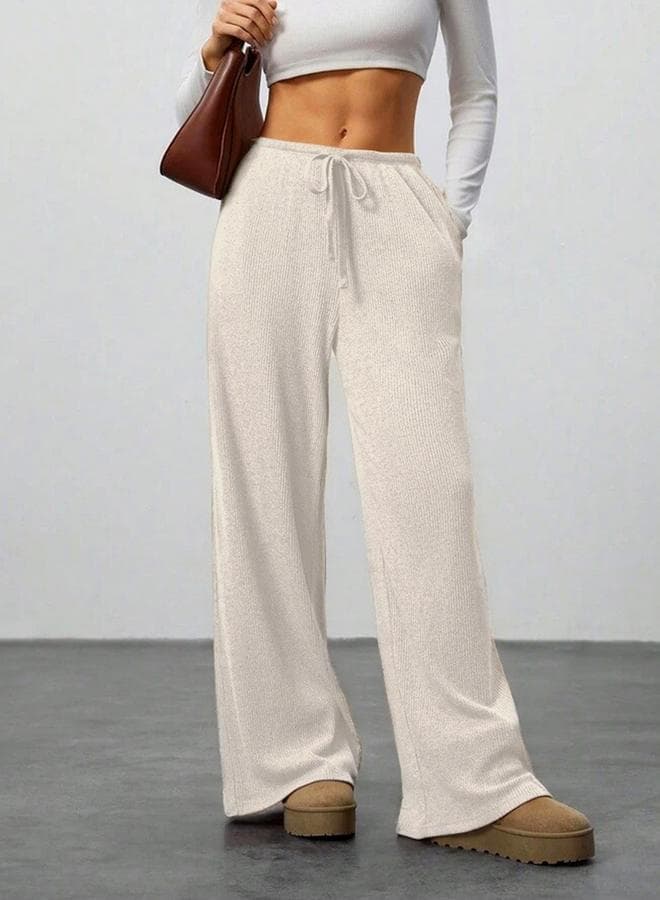 Beige Wide Leg Textured Pants with Drawstring