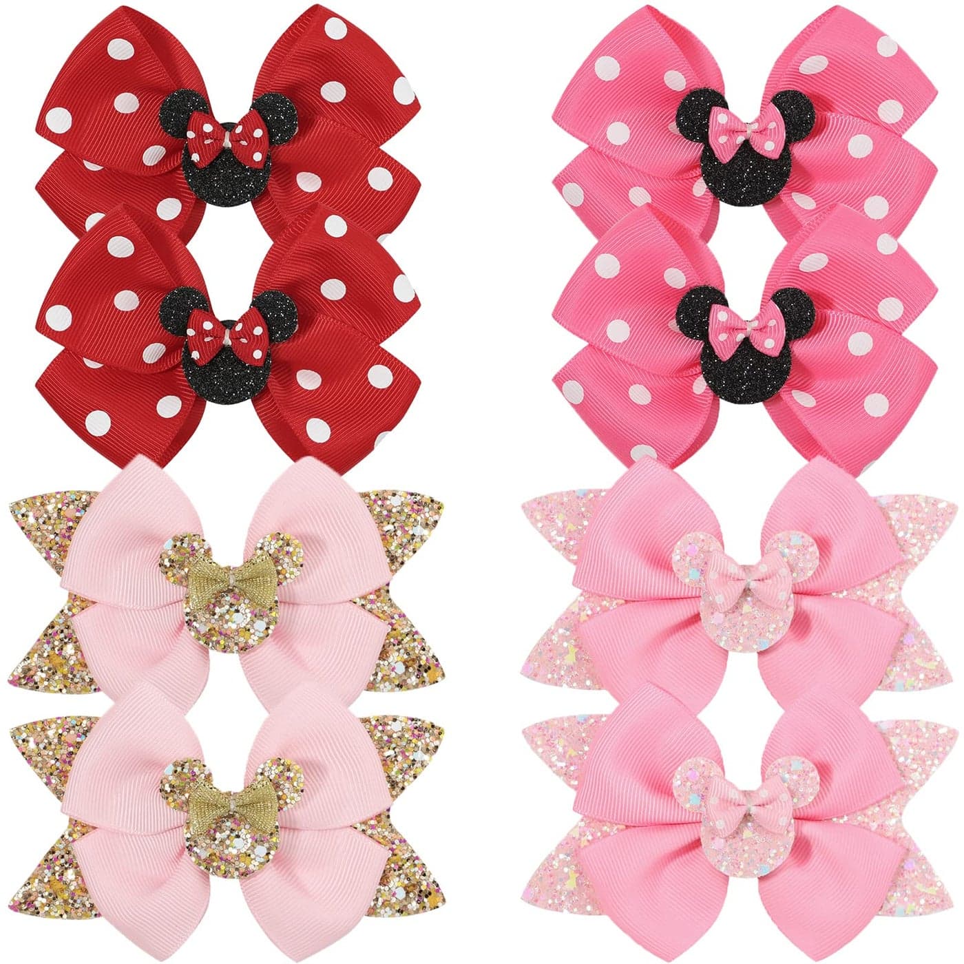 Qearl 8 Pcs Mouse Ears Bow Clips for Girls Polka Dot Red Bows Theme Park Costume Party Decoration for Toddlers Girls in Pairs