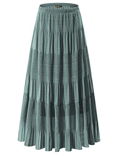 NASHALYLY Women's Chiffon Elastic High Waist Pleated A-Line Flared Maxi Skirts(Sage Green,S)