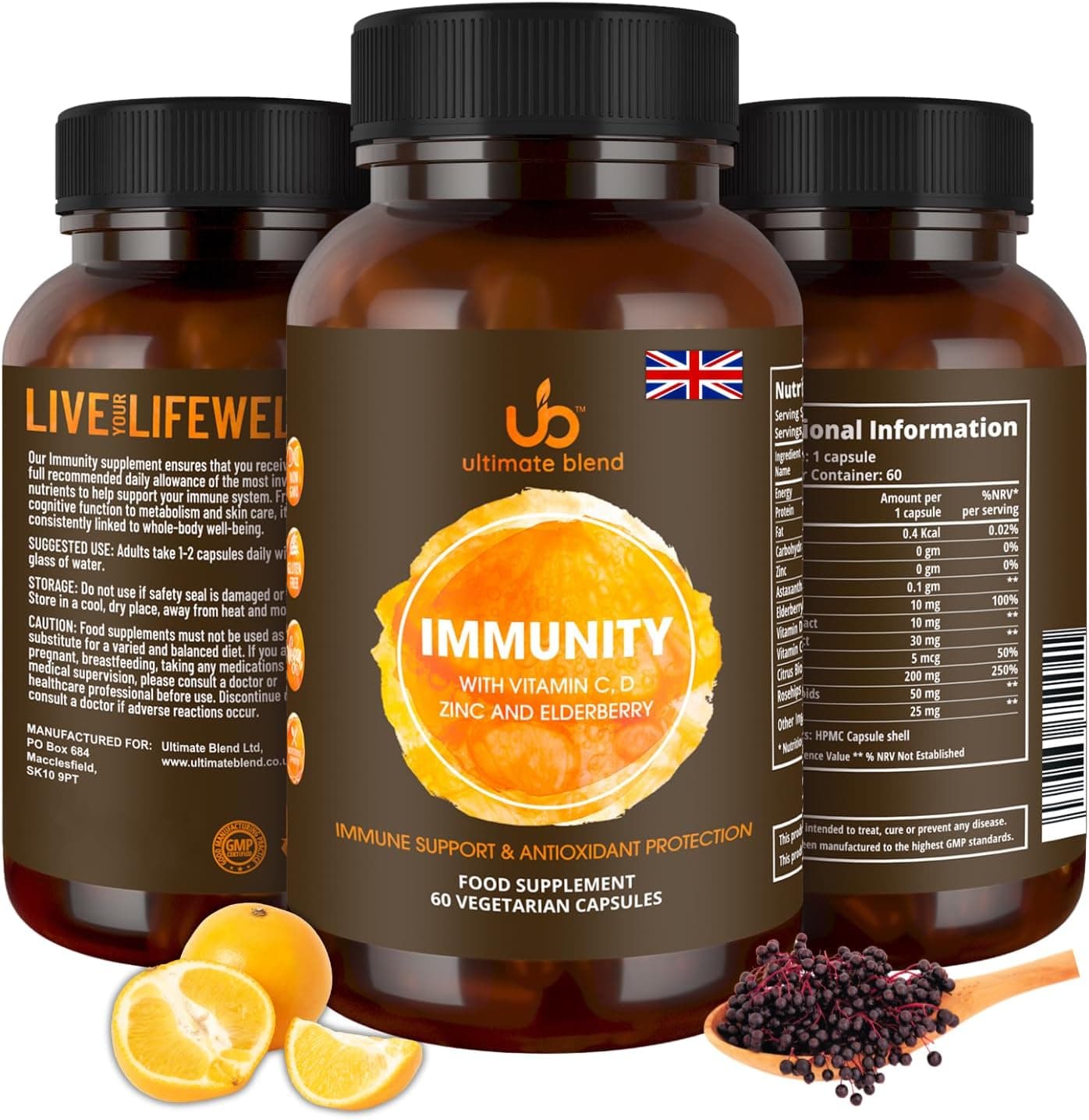 Ultimate Blend Immunity with Vitamin C D Zinc and Elderberry Immune Antioxidant Support Boosts Energy Supports Immunity for Healthy Hair Skin Bones 60 Vegan Capsules
