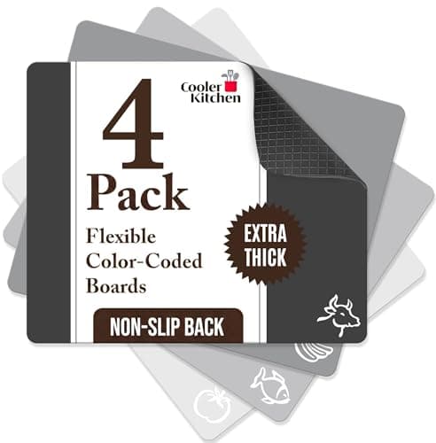 Cooler Kitchen Extra Thick Flexible Cutting Mat Set With Food Icons & EZ-Grip Back (Set Of 4 Mats) - Flexible Cutting Boards for Kitchen - Flexible Plastic Cutting Board Set (Black and White)…