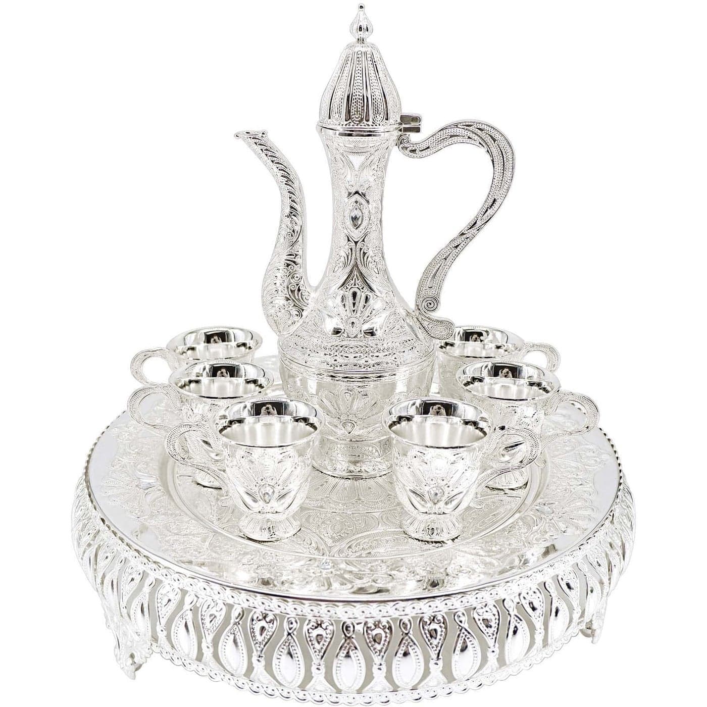 Turkish Coffee Cup and Tea Pot Set Including TeapotTea Tray6 Metal CupsTea Service Set for Tea Table DecorHip FlaskSilver