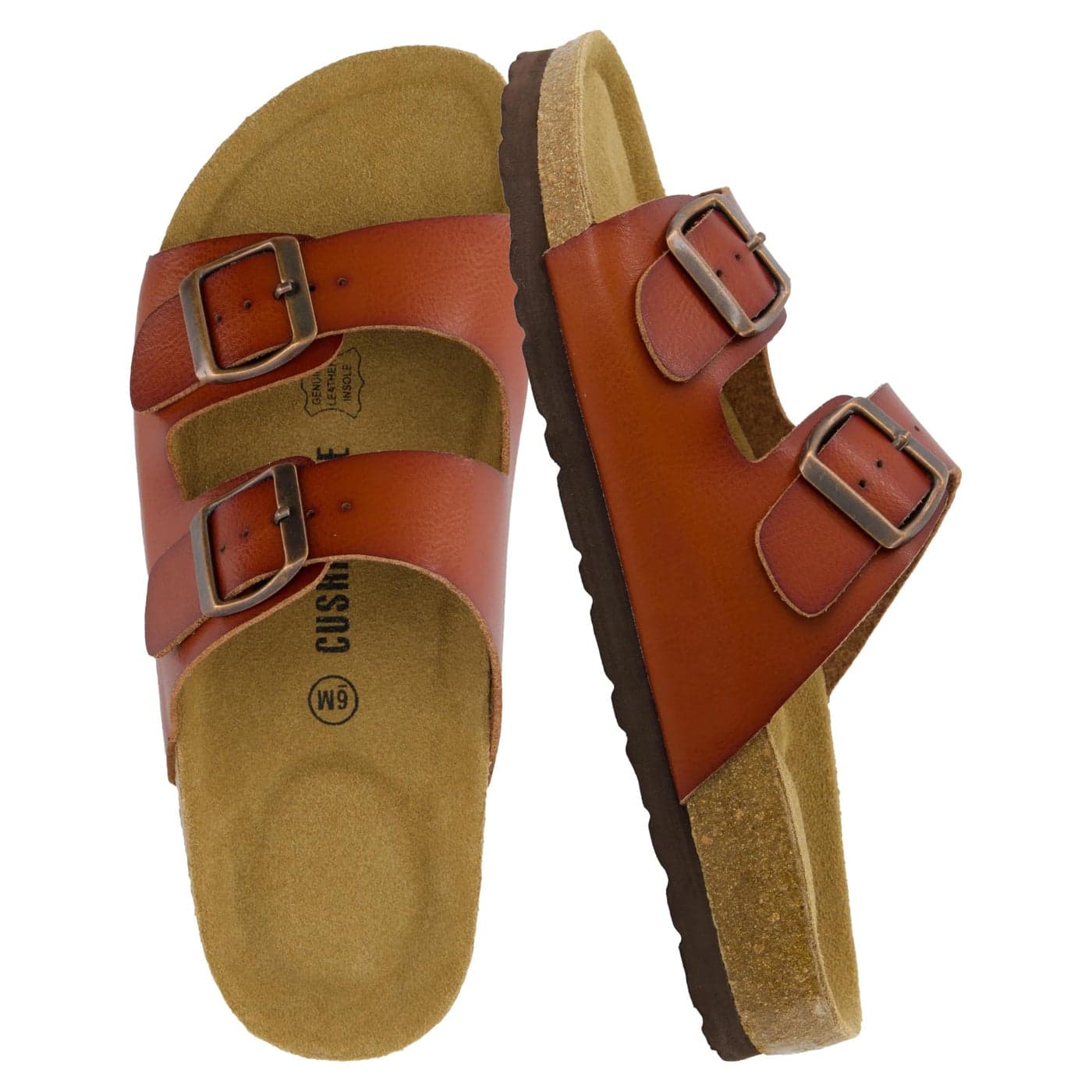 CUSHIONAIRE Lane Cork Footbed Sandals for Women Comfortable Double Buckle SlipOn with Genuine Suede Footbed Arch Support Slides for Women Footwear WHISKEY 8W