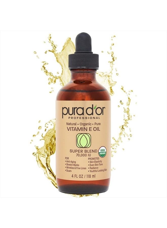 Organic Vitamin E Oil Blend 70,000 IU (4oz / 118mL) 100% Natural Hexane Free, Sweet Almond, Apricot, Jojoba, Argan, Rosehip, Sunflower & Avocado Bath Oil for Scars, Skin, Face & Full Body