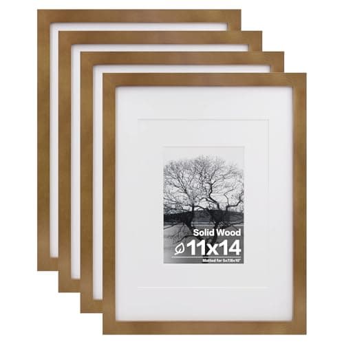 Egofine 11x14 Picture Frames 4 Pack Display Pictures 5x7/8x10 with Mat or 11x14 Without Mat Made of Solid Wood Covered by Plexiglass for Table Top Display and Wall Mounting Photo Frame, Light Brown