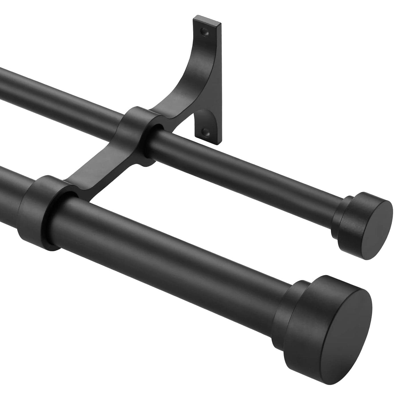 Heavy Duty Double Curtain Rods with Cylindrical Cap Finials 72 to 144 Telescoping Rods 1 Inch Diameter Front 58 Inch Diameter Back Matte Black