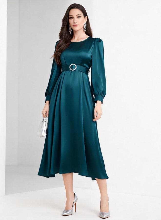 Blue Satin Balloon Sleeve Belted Midi Dress