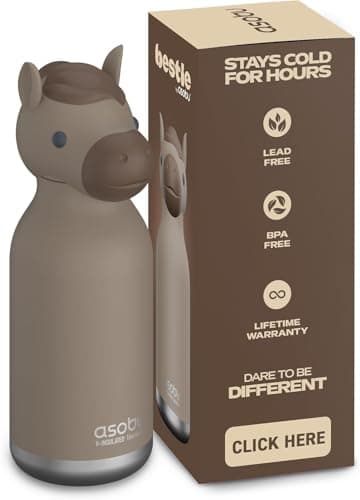 asobu Bestie Bottle Insulated Stainless Steel Water Bottle with Detachable Soft Animal Head Fun Drinking For Kids and Teens with Flexible Reusable Straw 16 Ounce Horse