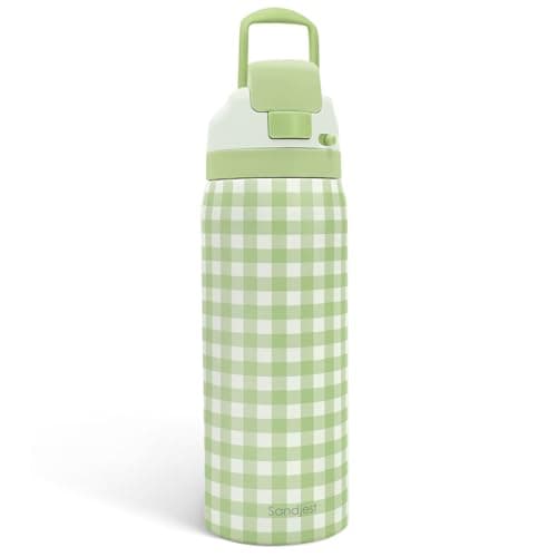 Gingham Pattern Insulated Stainless Steel Water Bottle with Straw, Push-Button Lid, 32 Ounce, Gifts for Women Girls Friends Teens Birthday Christmas (Green)