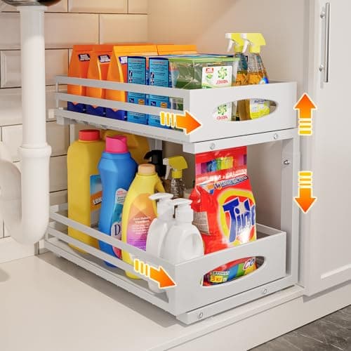 Under Sink Organizer 2 Tier Under Sink Organizers and Storage Adjustable Height Slide out Metal Cabinet Organizers Pull out Cabinet Storage Drawer Shelf for Kitchen Bathroom White 1 Pack