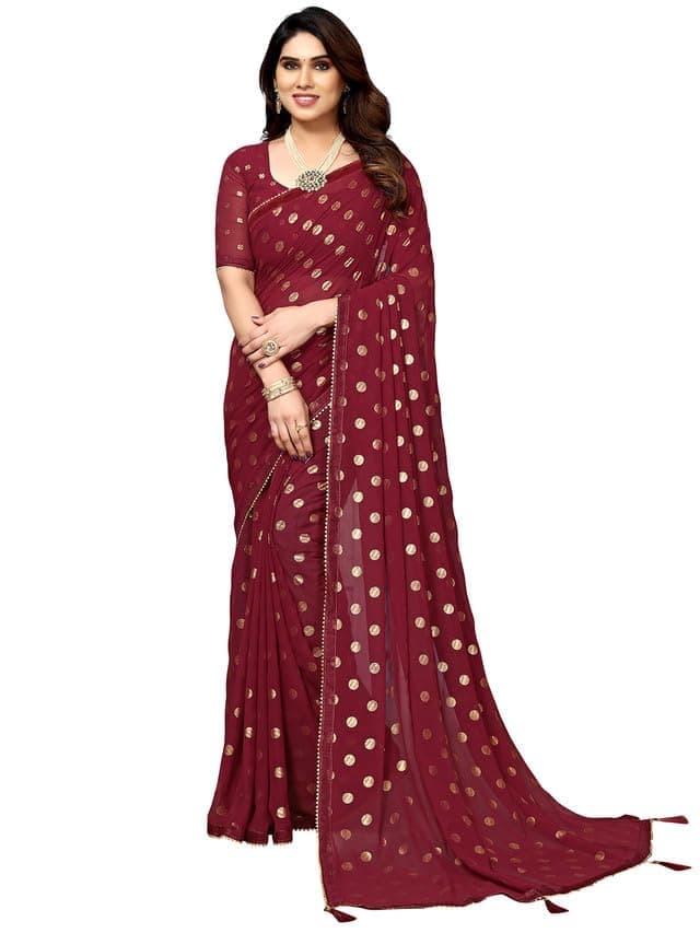 Satrani Women's Georgette Foil Printed & Lace Saree with Unstitched Blouse Piece (3184S2261NA_Maroon2)