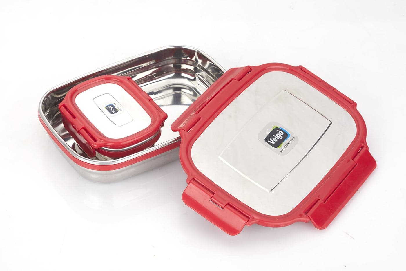 Veigo Steel Lunch Boxes for Office Men, Tiffin Box for Office Men, Lunch Box for Kids, Jumbo 950 ml, 180 ml Veg Box | Detachable Clips | Leakproof & Airtight | Durable Stainless Steel Lid | Red