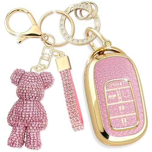 Rayslesan Cute Key Fob Cover with Rhinestone Bear Charm Bling TPU Smart Key Case for Women Compatible with Honda Accord Civic 2023 2024 2025 Honda HRV CRV 2023 2024 2025 5Button Gold Pink