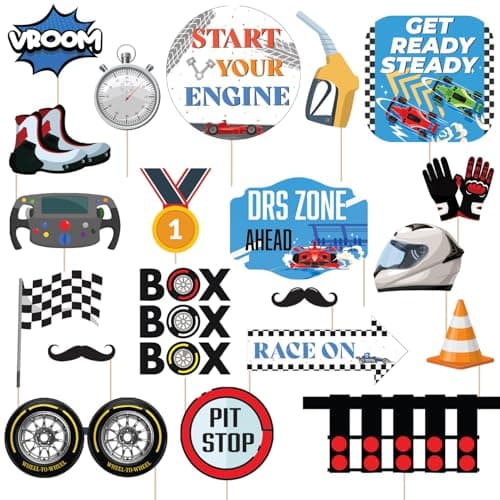 Party Propz F1 Racing Car Theme Decoration for Birthday – 20 Pcs Photo Booth Props with Sticks, Race Track Party Props for Kids & Birthday Photobooth Props for Kids (Cardstock)