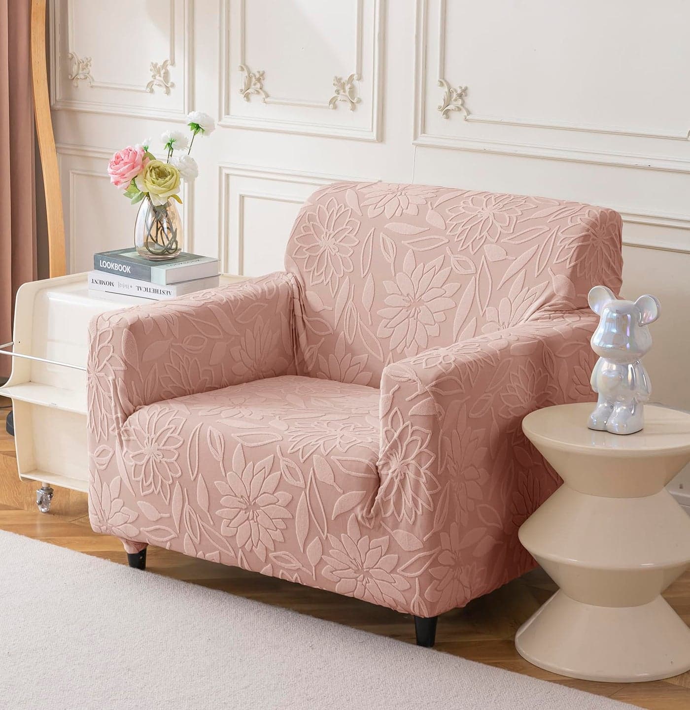 House of Quirk Universal Jacquard Waterproof Camellia Fabric Sofa Cover Soft Touching Cover for Couch Flexible Stretch Sofa Slipcover (One Seater, Pink)