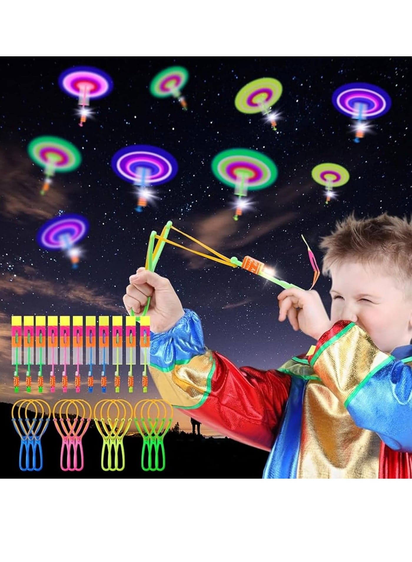 12 PCS LED Light Flying Toy Party Set – Slingshot Rocket Helicopter, Glow in the Dark Jumping Toy for Kids, Outdoor Night Game, Party Bag Fillers, Birthday Gifts, Stocking Fillers