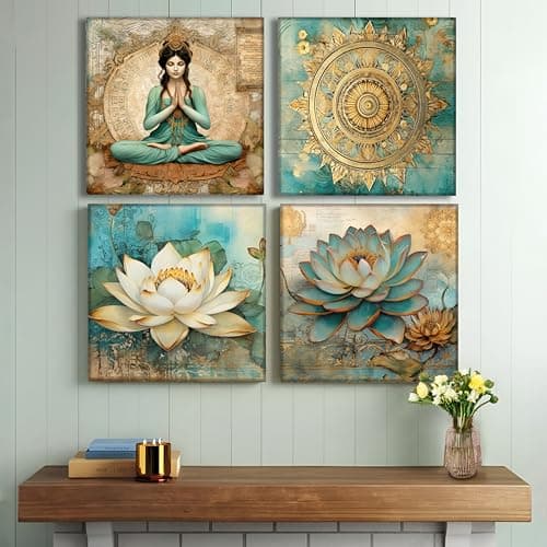 PAINTINGMANTRA Multicolor Spiritual Meditation and Lotus Wall Painting Set of 4|Indian Digital Print on Canvas Stretched on Wood for Home Decor | Ideal for Living Room, Bedroom, Hotel (12x12Inches)