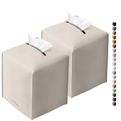 Tclouda Tissue Box Cover for PU Leather, Modern Simple Solid Color Holder Square Tissue Bag, Ideal for Bathrooms,Office,Car,Outdoor Tent,Dining Table,5"X5"X5", Double Off-White