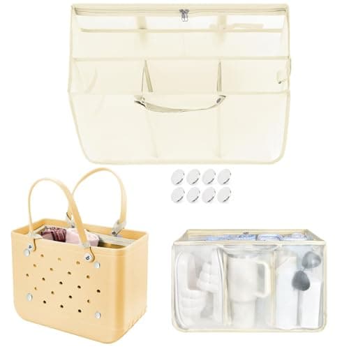 XYFuuee Beach Bag Organizer Inserts for Baby Medium Bogg Bag Accessories with 8 Removable Metal Fasteners Lightweight Mesh Insert Divider Pouch Organizing Rubber Tote Save Storage Space Khaki M