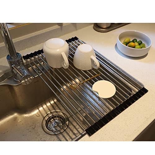 SHUYUE Roll up Dish Drying Rack Over The Sink Portable Stainless Still Rolling Rack Folding Mat for Kitchen Counter (Black, 17.7''LX11.2''W)
