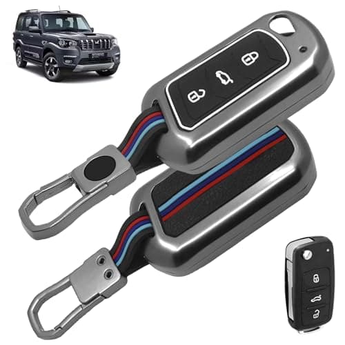 Carzex® Car Key Cover Compatible with Mahindra Scorpio N, 3XO, XUV 300, Bolero, TUV 300, XUV 700, XUV 400, Thar, Roxx – 3 Smart Button Metal-Silicone TPU Protective Shell with Keychain (Black)
