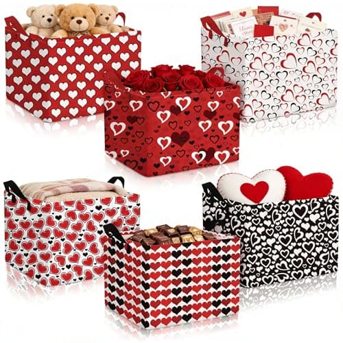 Youyole 6 Pcs Galentine's Day Gifts Basket Set Valentine's Day Storage Bins Red Heart Empty Gifts Basket Organizer with Love Pattern Valentine Decorative Container Box with Handle for Closet Shelf