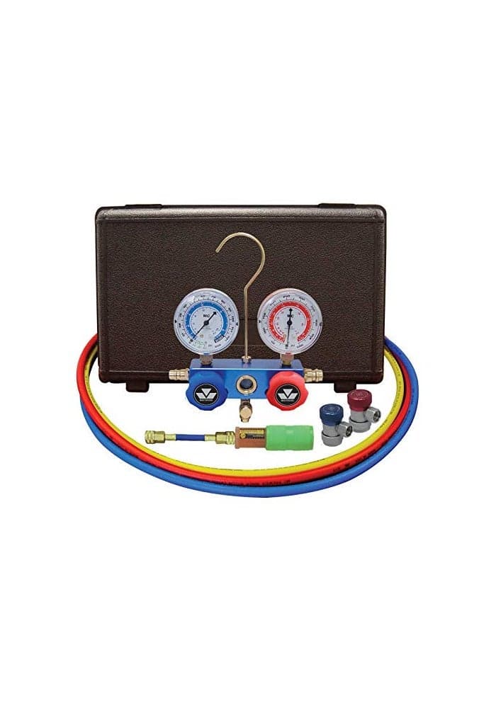Mastercool 89661UV Automotive R134a 2Way Manifold Gauge Set with Mini Dye Injector US Designed Assembled and Tested Includes 60 Hoses and Manual Couplers