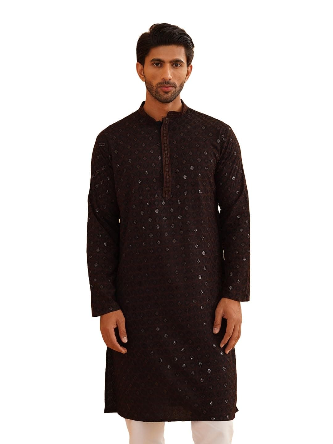 SOJANYA (Since 1958 Men's Cotton Contrast Embroidered Sequinned Long Kurta Coffee Brown