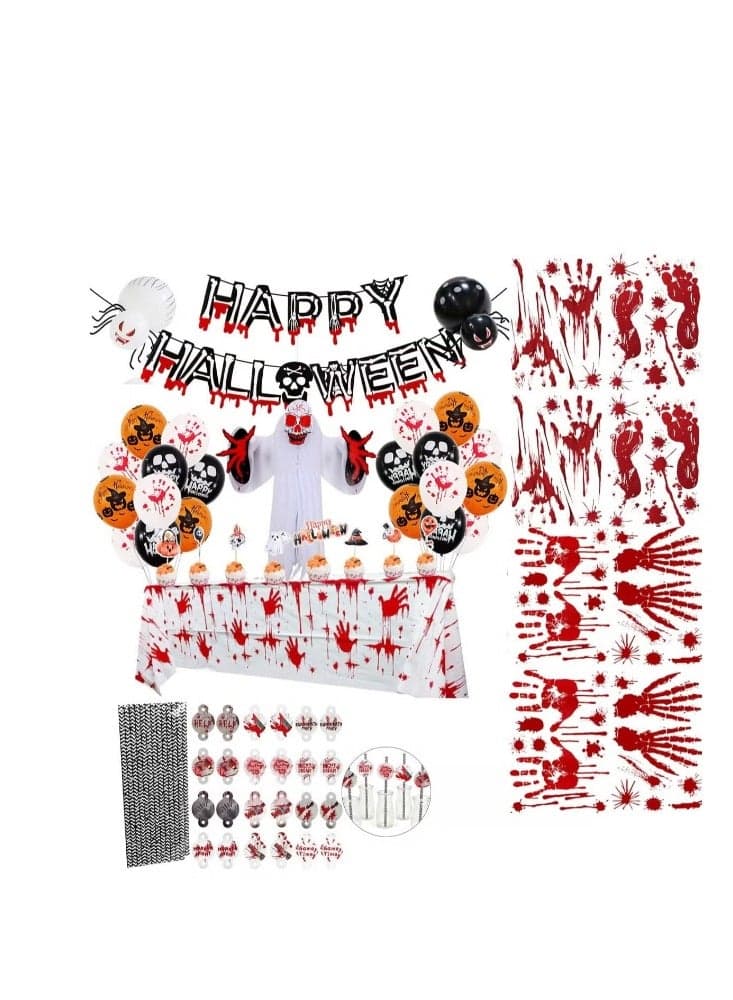 Halloween Party Decoration Banners, Paper Hanging Ghost Bloody Tablecloth Handprint Footprint Stickers Horrible Spider Balloons Prunk Cupcake Toppers for Hunted House Props Scary Party Supplies (A)