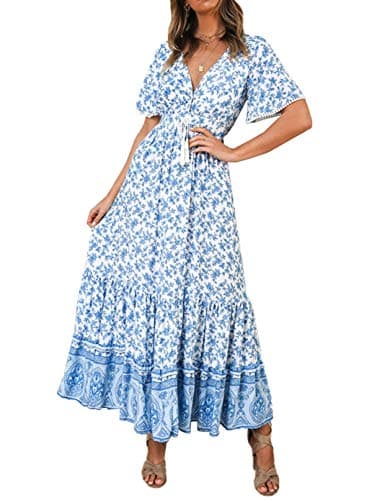 R.Vivimos Womens Summer Cotton Short Sleeve V Neck Floral Print Casual Bohemian Midi Dresses (Small, White)